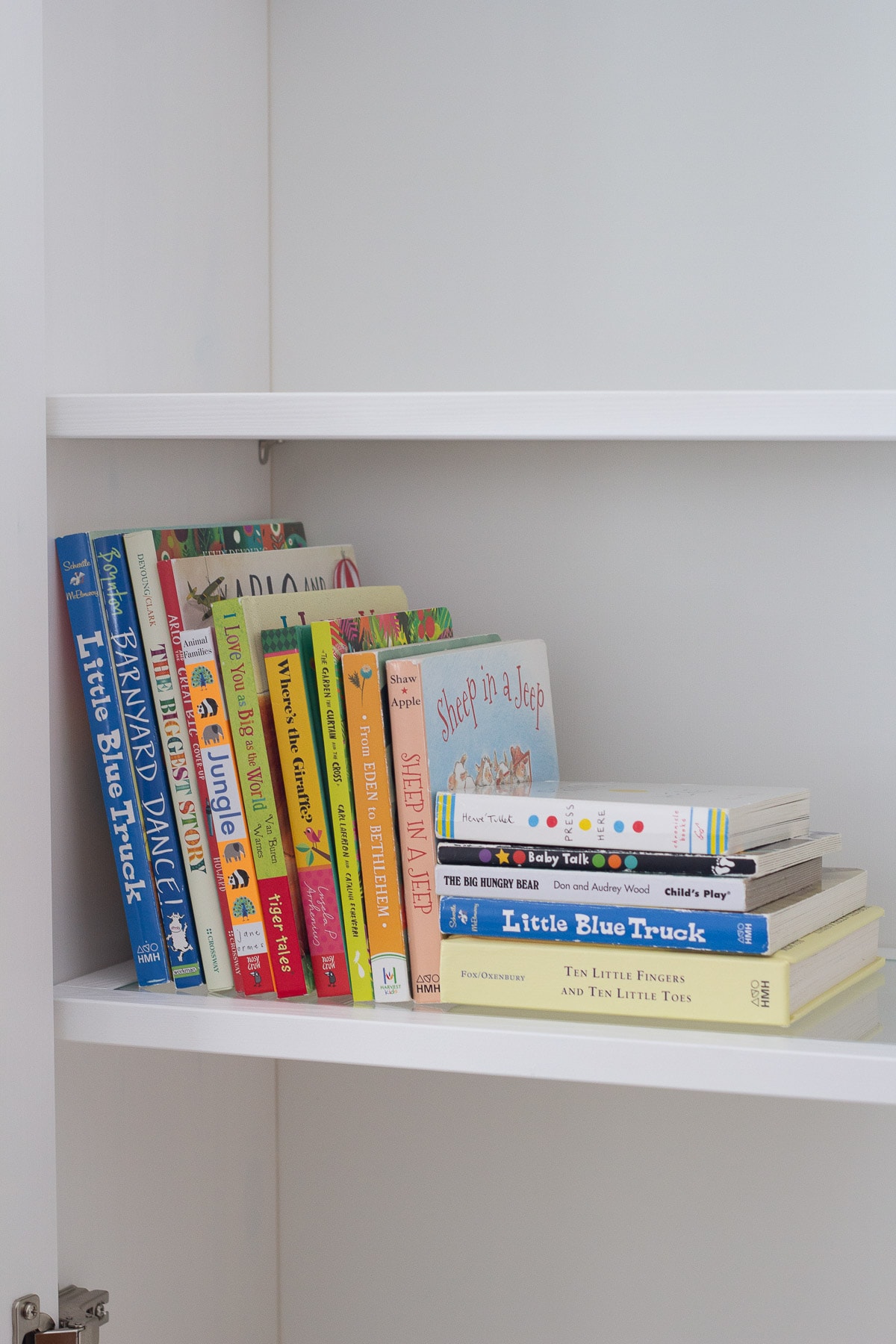 Baby board books arranged on a bookshelf.