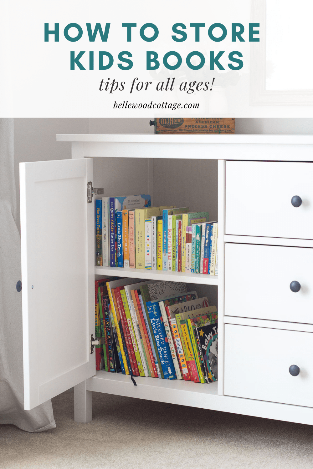 An open cupboard filled with books with the words, "How to Store Kids' Books: Tips for All Ages!"