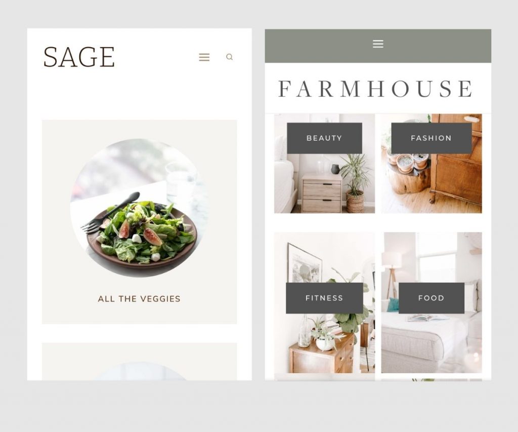 A screenshot of Sage and Farmhouse Restored 316 Kadence WordPress themes on mobile.