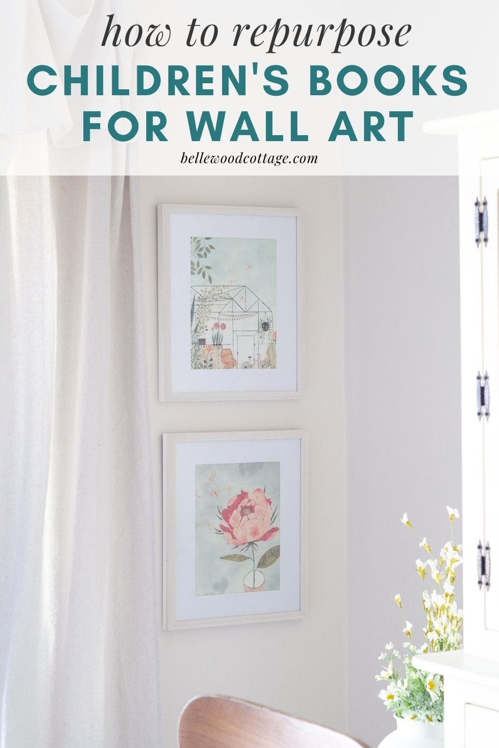 Two framed pictures on a white wall with the words, "how to repurpose children's book for wall art."