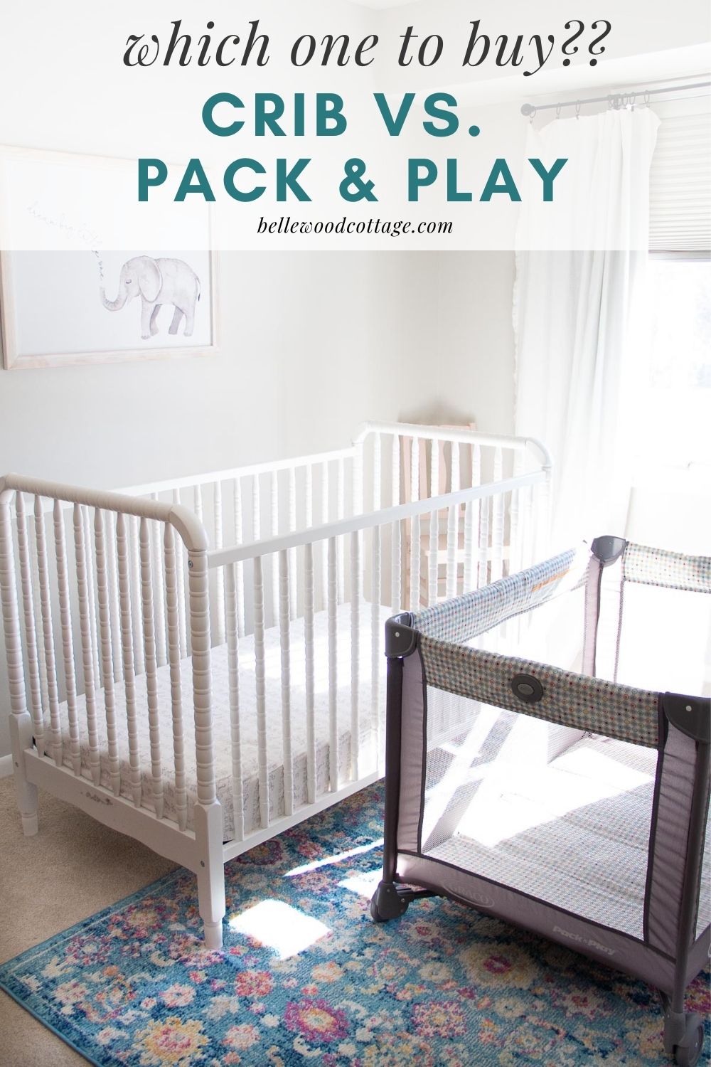 A white crib and a gray pack and play in a nursery with the words, "Which One to Buy?? Crib versus Pack and Play."