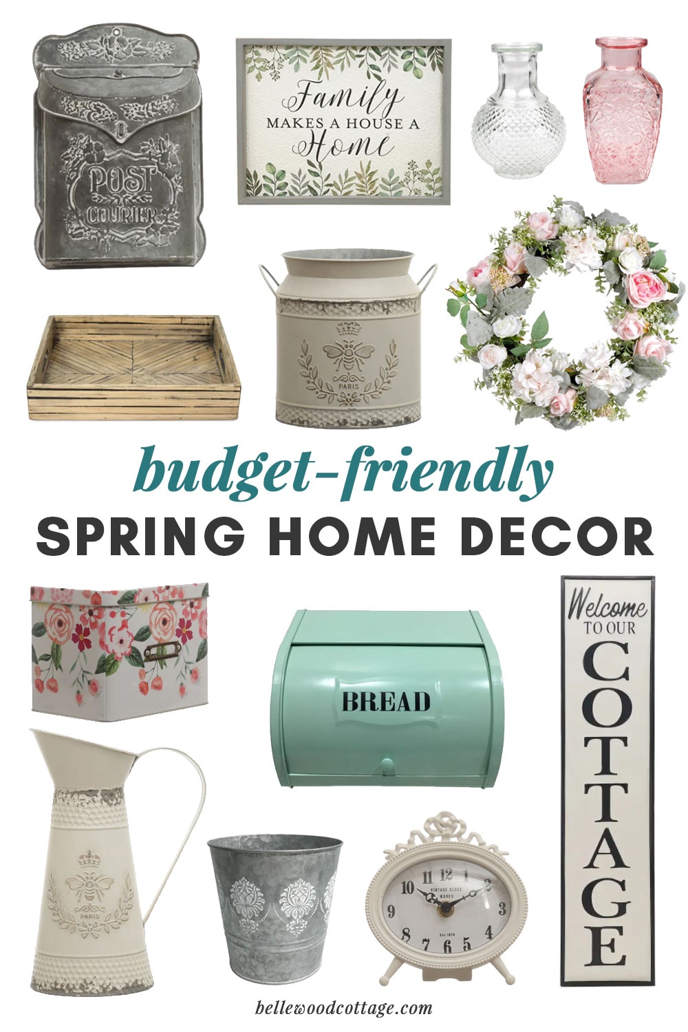 Collage of budget-friendly spring home décor from Michaels.