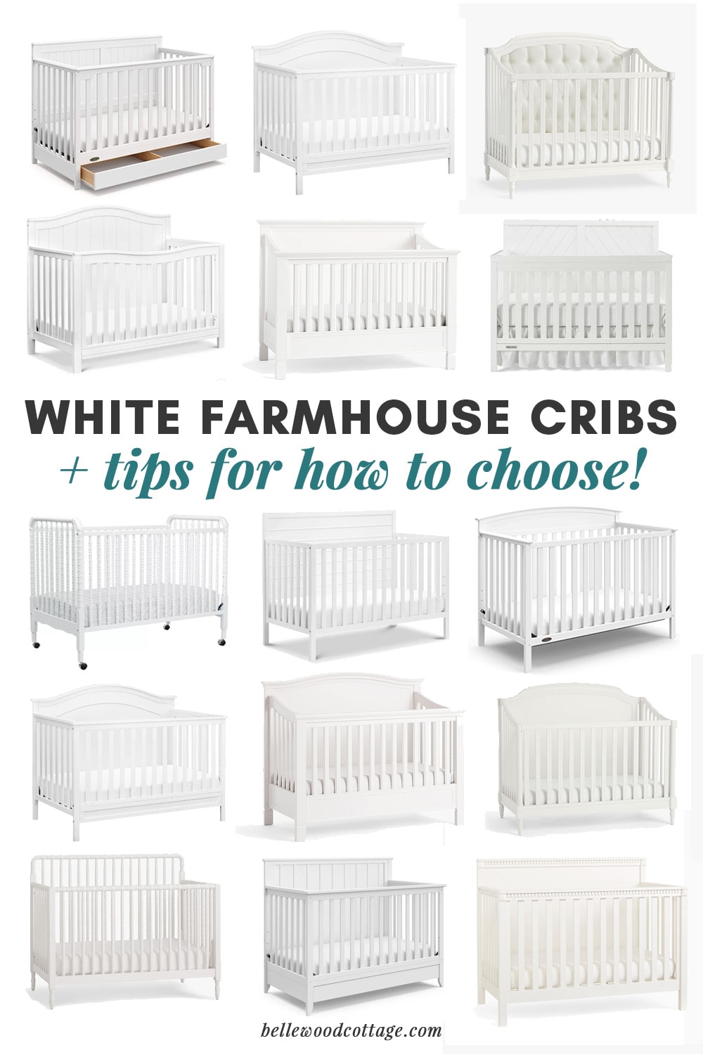 A collage of white farmhouse cribs.