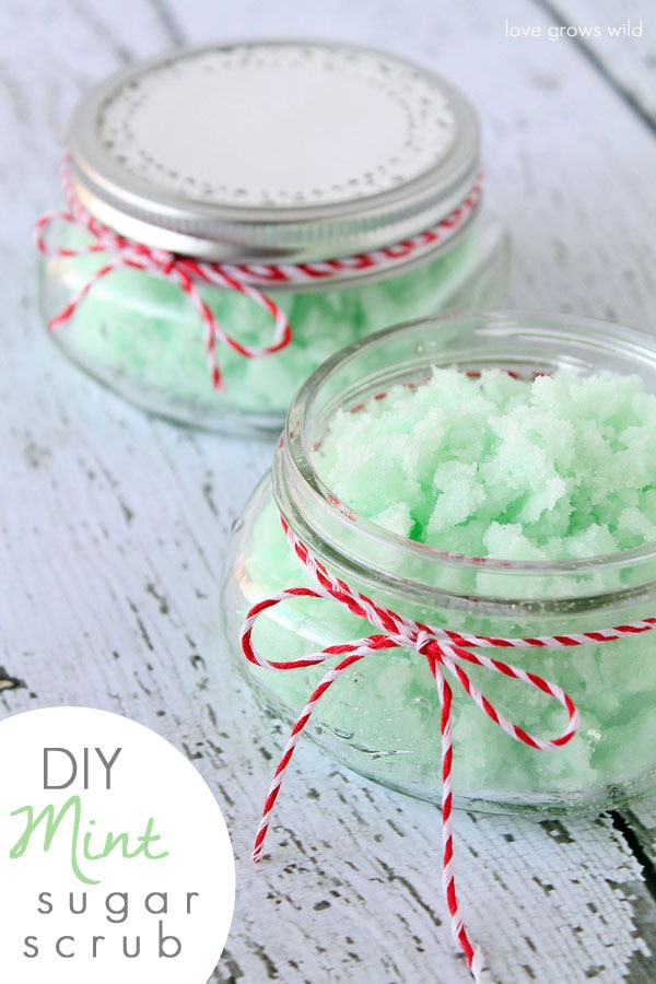 DIY Mint Green Sugar Scrub packed in small mason jars.