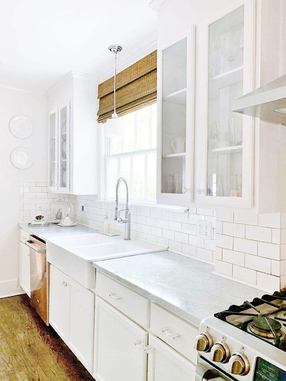 A bright white farmhouse kitchen.