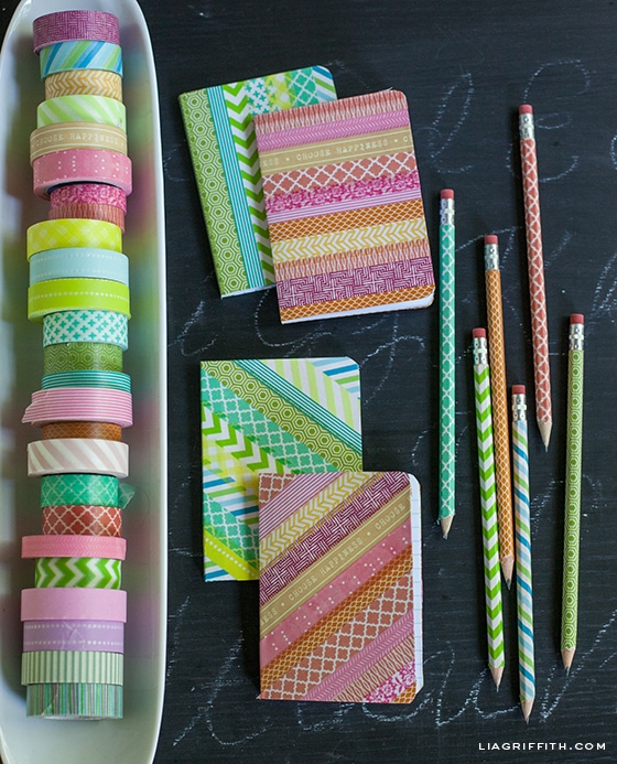 Washi tape, and washi tape covered notebooks and pencils.