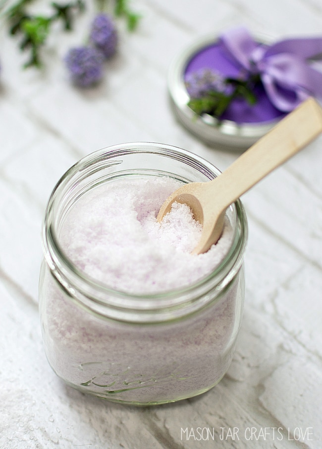 A small mason jar filled with homemade bath salts.