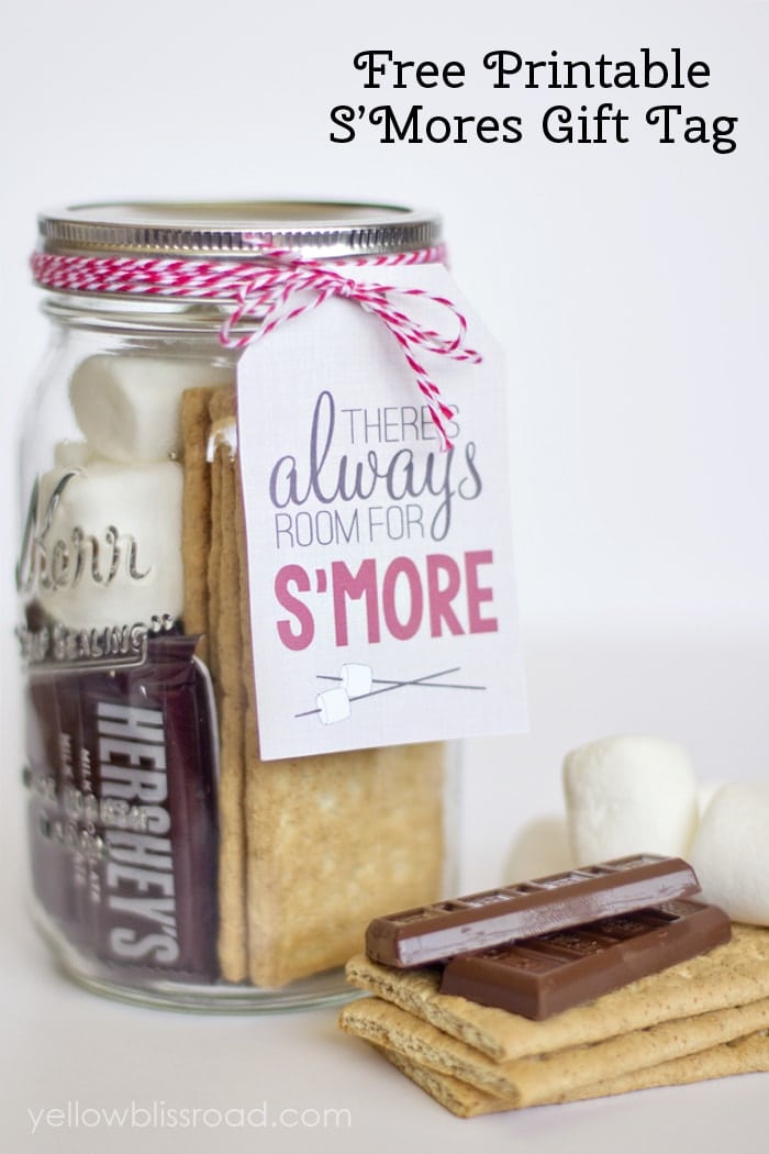 A jar with s'mores supplies and gift tag.