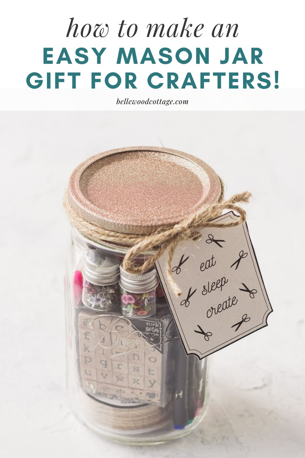 A mason jar gift idea filled with craft supplies.