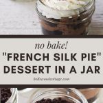"French Silk Pie" Dessert in a jar being topped with cookie crumbs and whipped cream.