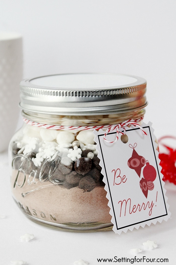 A jar layered with hot chocolate mix.