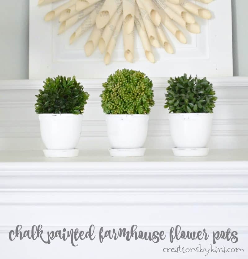 Three white flower pots with greenery inside.