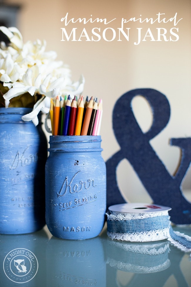 Denim Painted Mason Jars with pencils and florals inside.