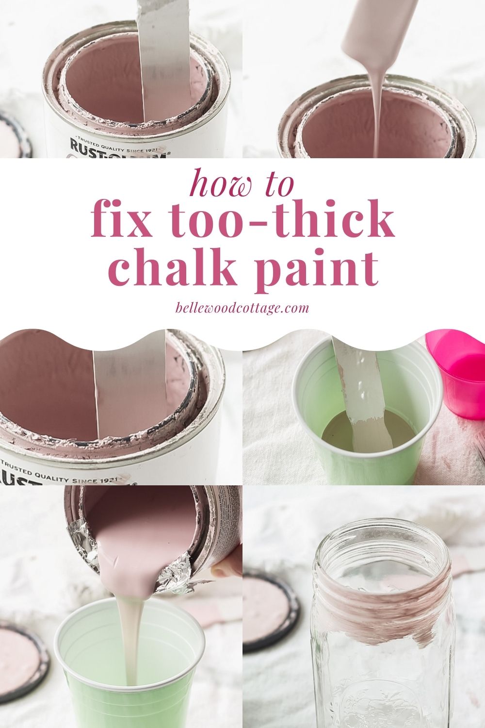 Collage of images of chalk paint being poured into a separate container and slightly watered down.