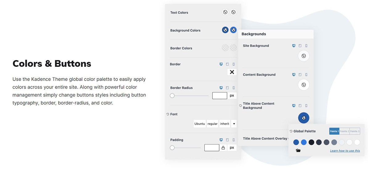 Colors and buttons of the Kadence theme.