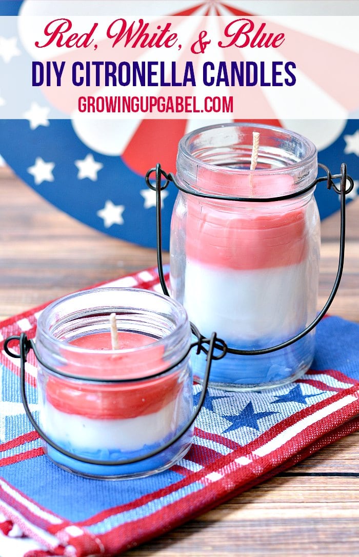 Two DIY red, white, and blue citronella candles in jars.