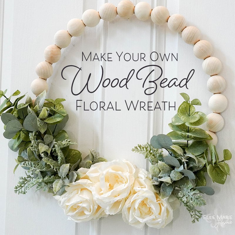 A DIY wood bead floral bead wreath.