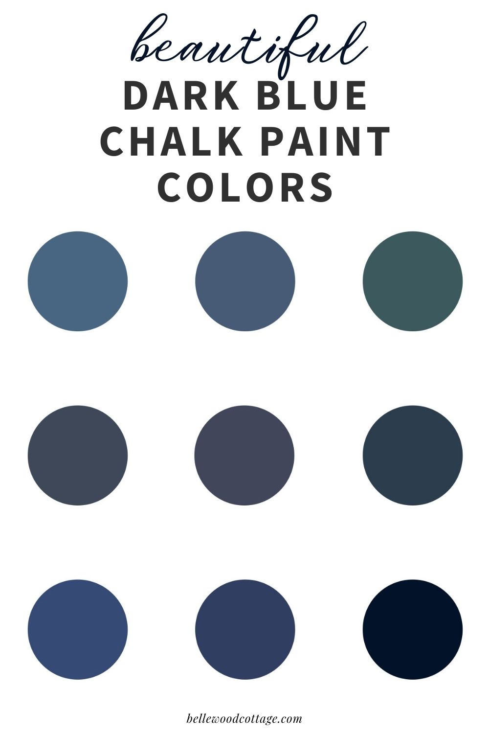 A collage of dark blue paint swatches with the words, "Beautiful Dark Blue Chalk Paint Colors".