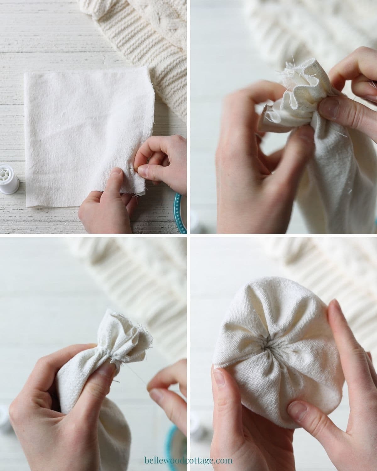 Step by step how to make drop cloth pumpkins - gathering the fabric.