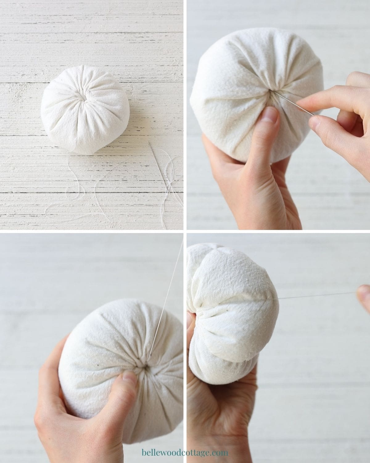 Step by step how to make drop cloth pumpkins - sewing grooves into the pumpkin.