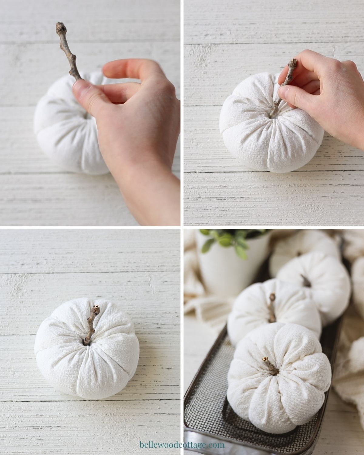 Step by step how to make drop cloth pumpkins - inserting a twig pumpkin stem.