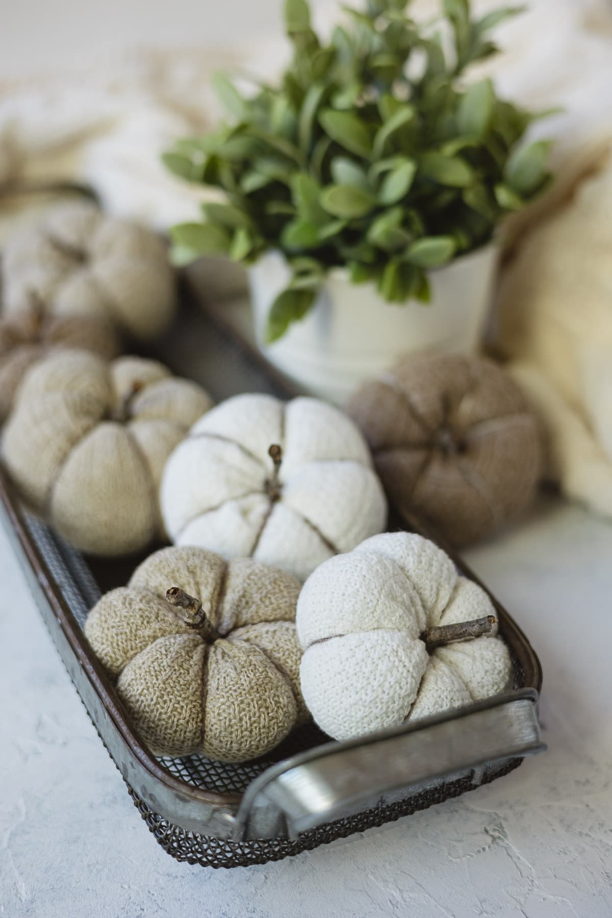 DIY pumpkins made from socks arranged in a metal basket.