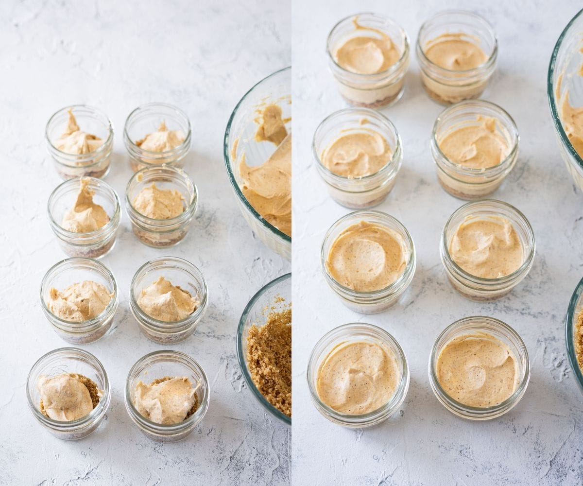 Two images of mason jar desserts before and after smoothing the layers.