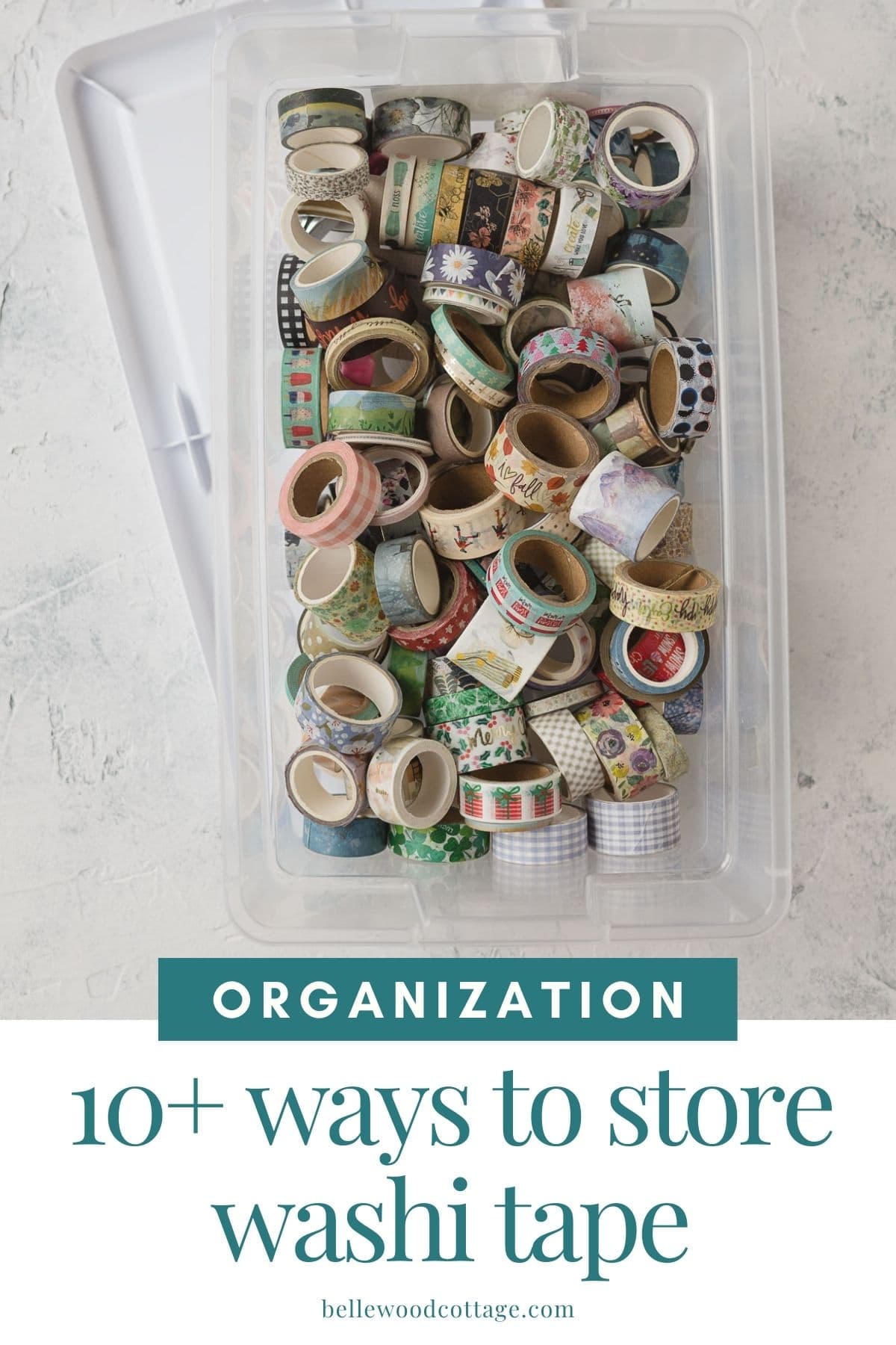 A clear box filled with washi tape with the words, "10+ Ways to Store Washi Tape".