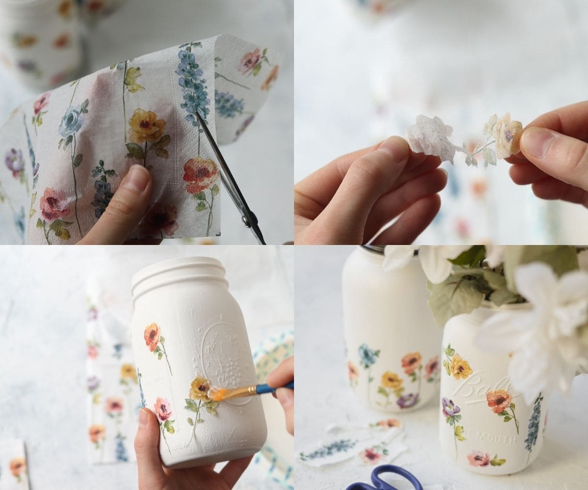 Four step-by-step images of a floral mason jar craft.
