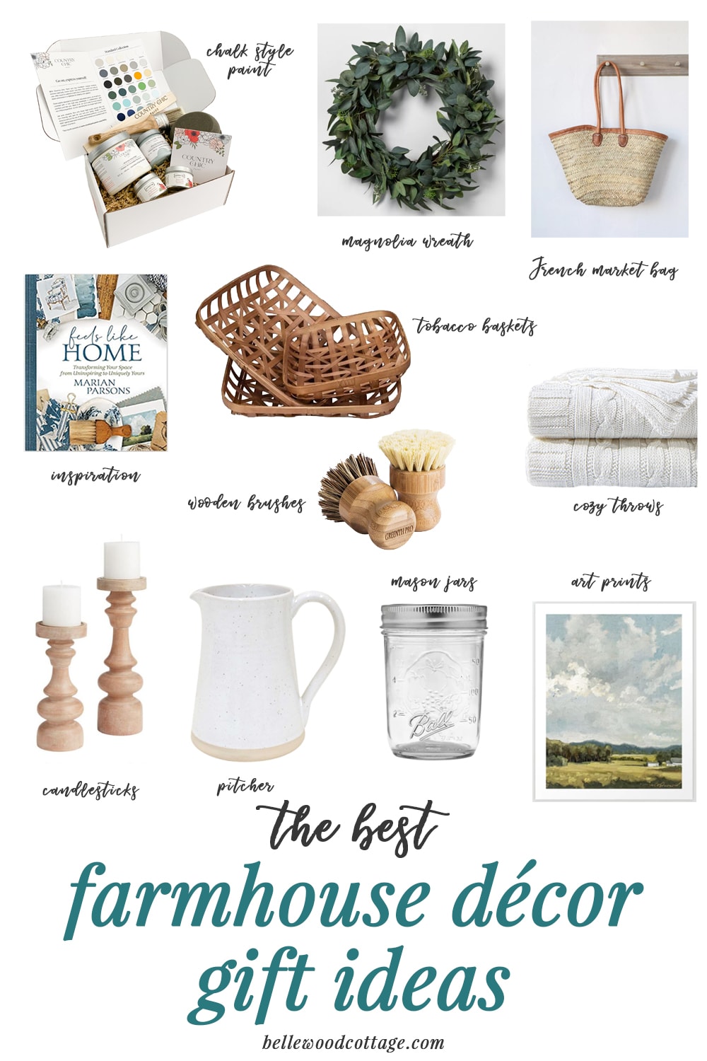 A collage of labelled farmhouse home décor like art, mason jars, a throw blanket, and tobacco baskets, with the words, "The Best Farmhouse Décor Gift Ideas".