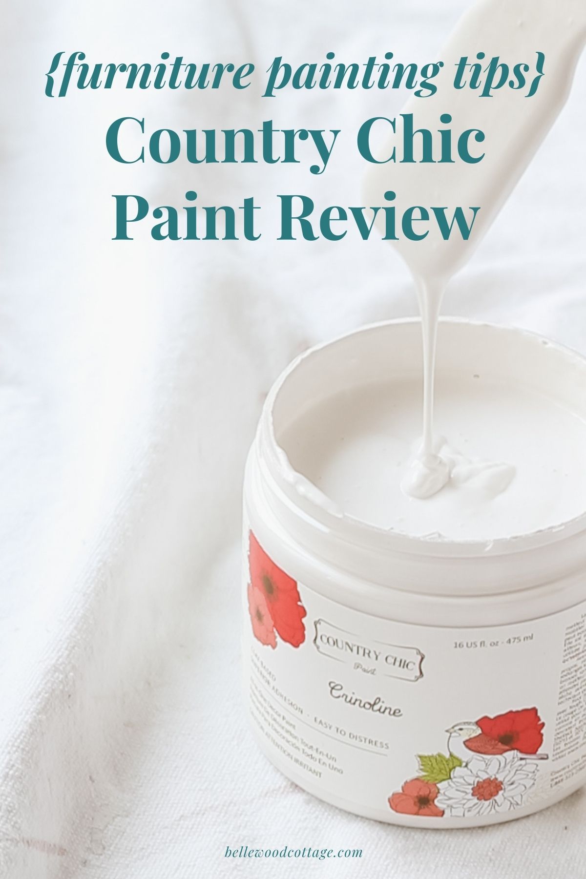A small container of white paint with a stir stick drizzling paint back in, with the words, "Furniture Painting Tips - Country Chic Paint Review".