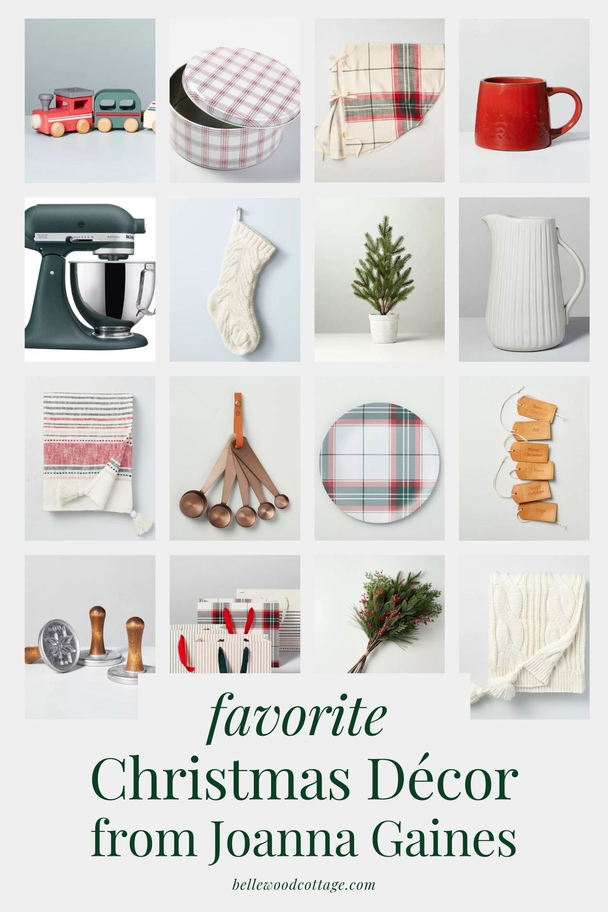 A collage of Christmas home décor products with the words, "Favorite Christmas Décor from Joanna Gaines".