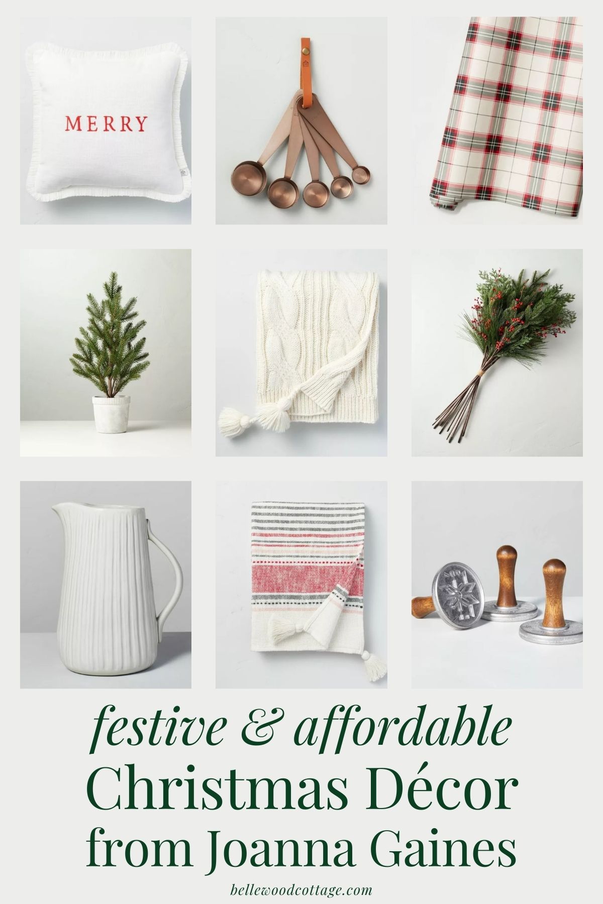 Various Christmas home décor images with the words, "Festive and Affordable Christmas Décor from Joanna Gaines".