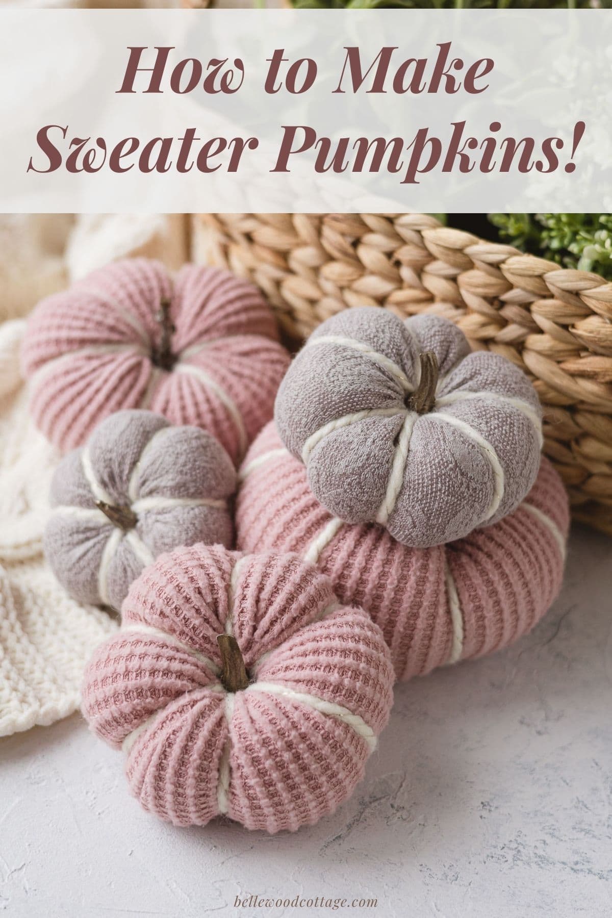 Five light pink and purple handmade sweater pumpkins with the words, "How to Make Sweater Pumpkins".