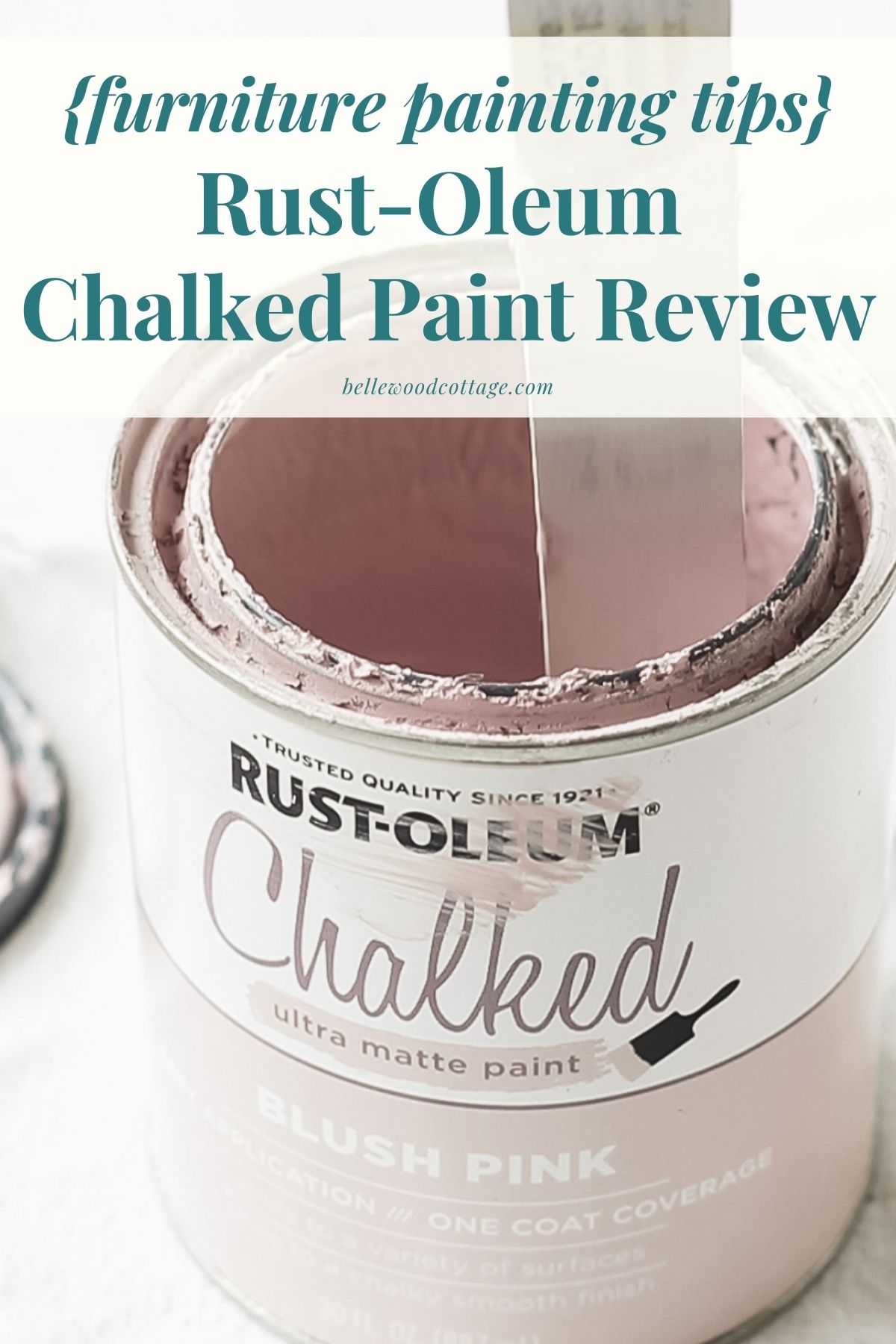 A can of pink chalk paint with the words, "Furniture Painting Tips - Rust-Oleum Chalked Paint Review".