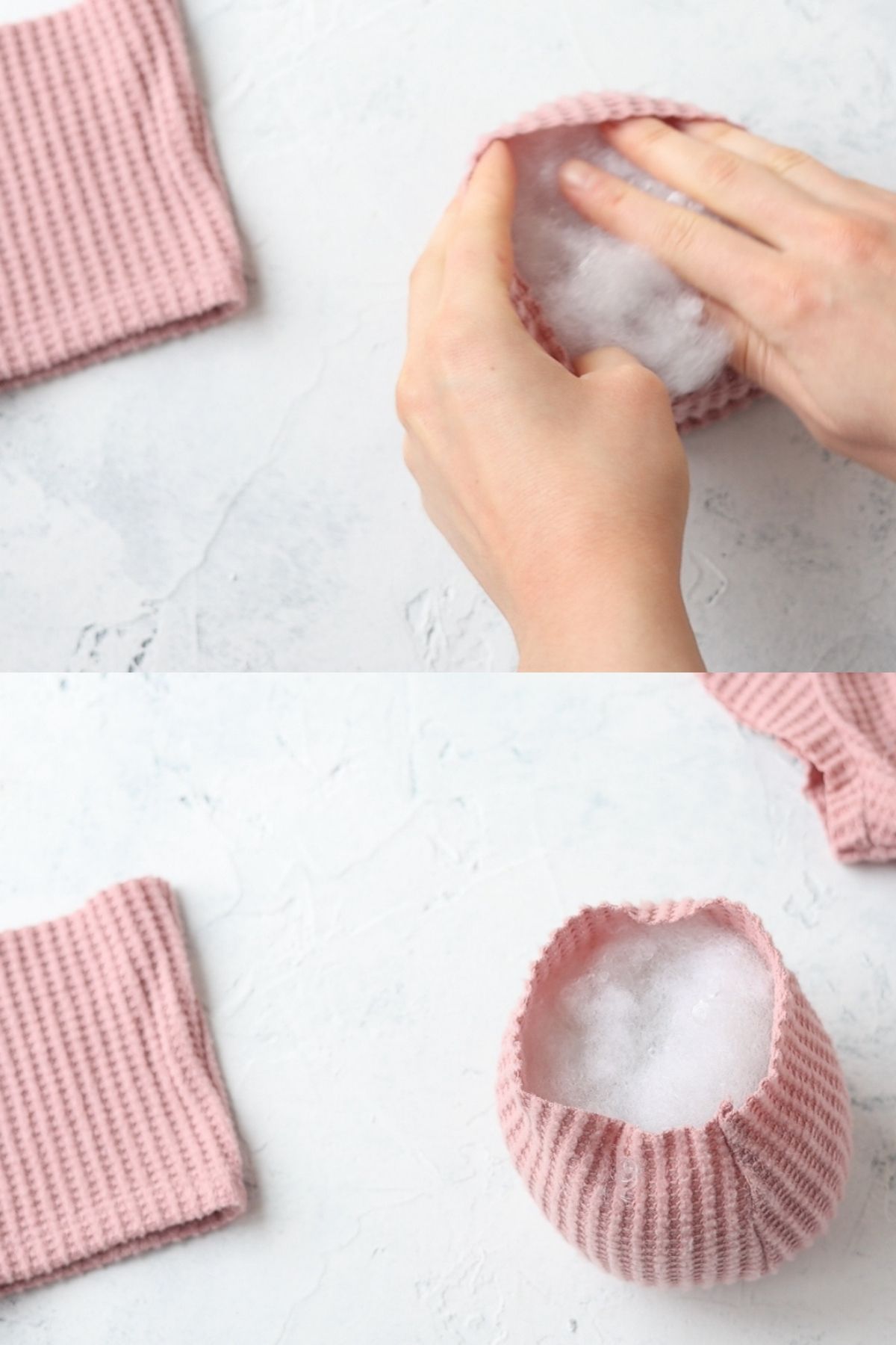 Stuffing a sweater pumpkin with polyester stuffing.