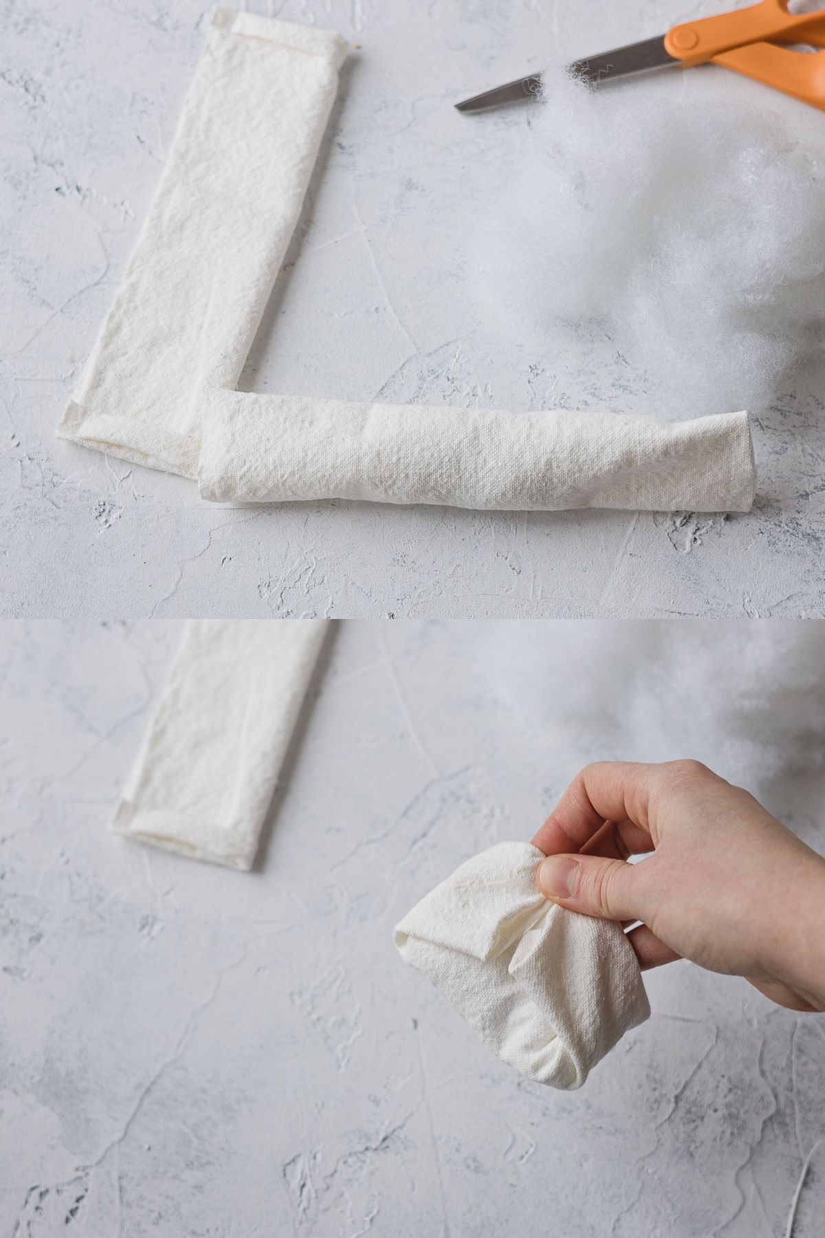 Stuffing a fabric tube with poly fill and using it to create a doughnut shape.