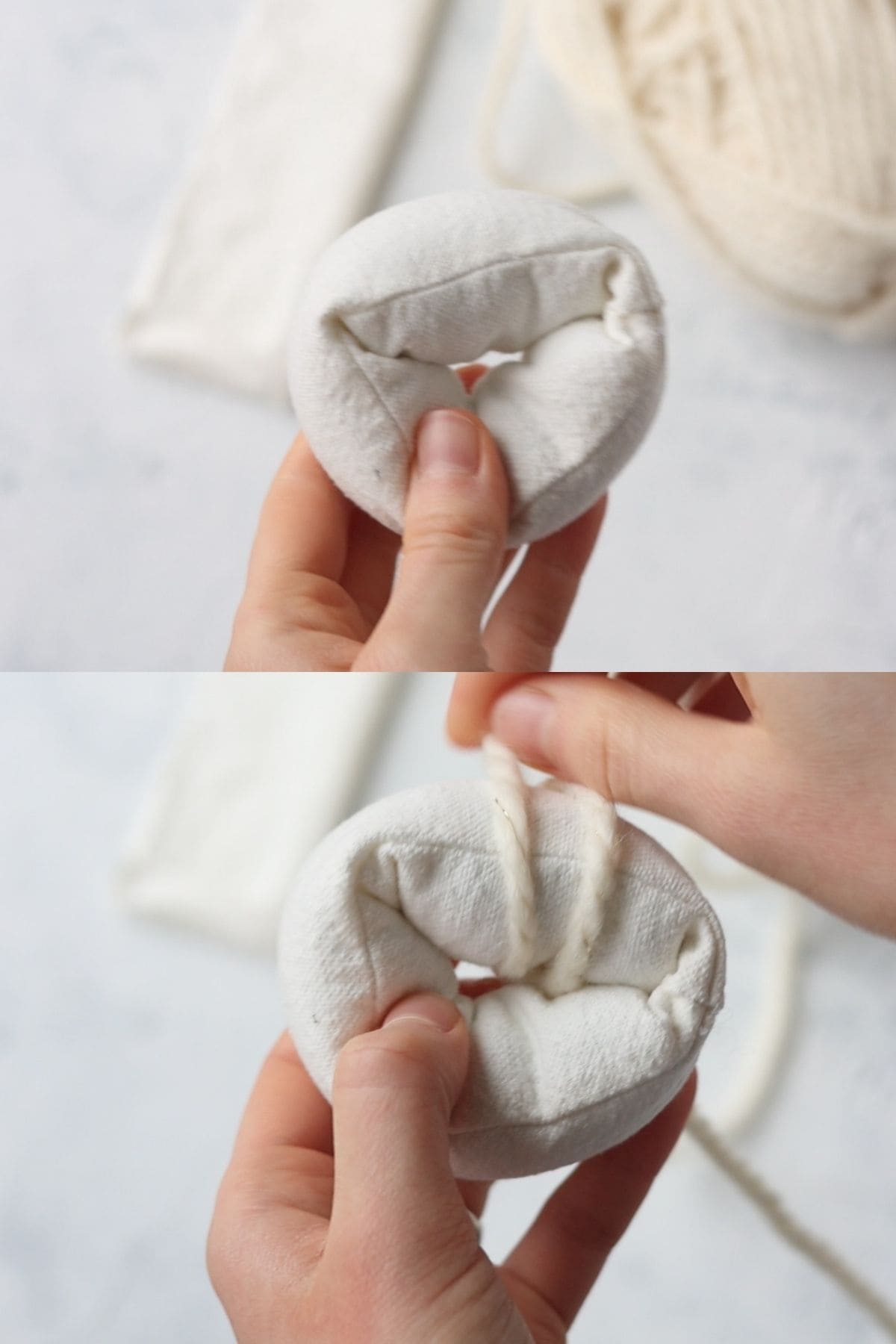 Wrapping a fabric "doughnut" with bulky weight yarn.
