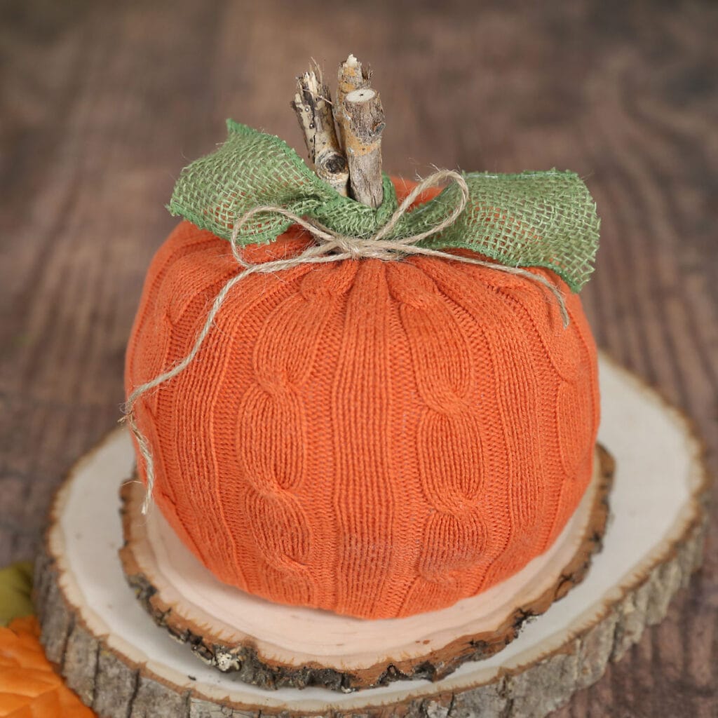 An easy pumpkin craft idea with a toilet paper roll covered in orange knit fabric and topped with a twig stem. 