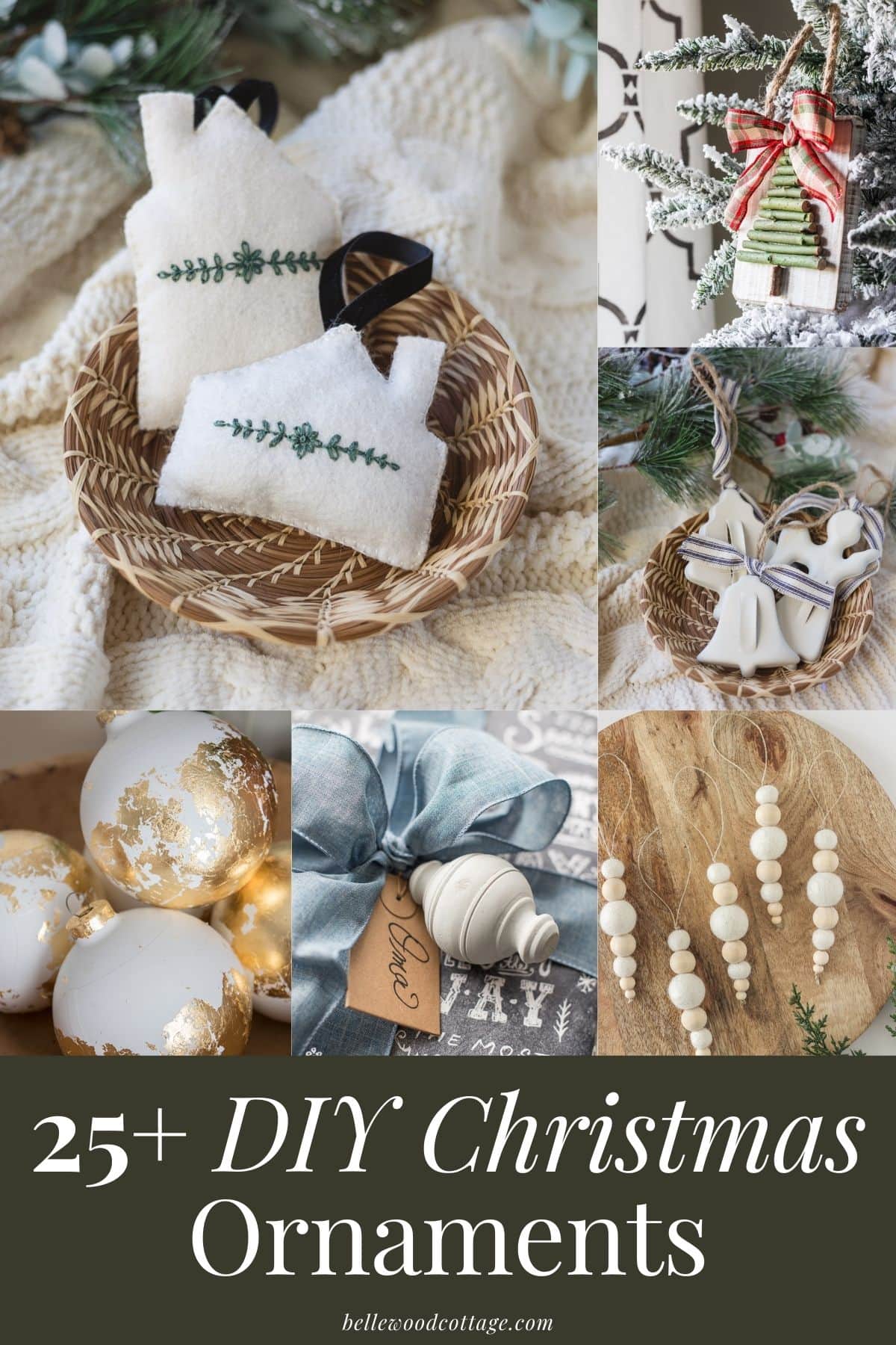 A collage of six homemade ornaments with the words, "25+ DIY Christmas Ornaments".