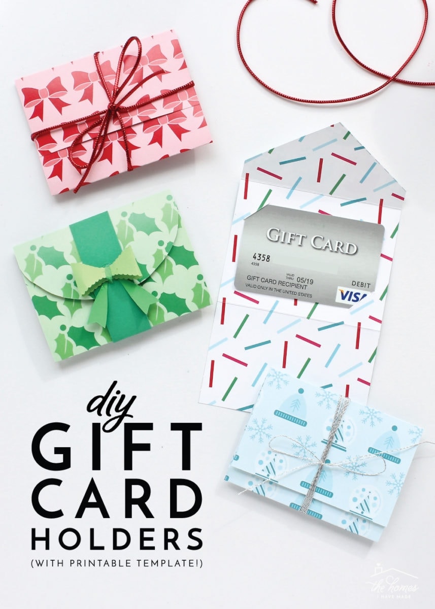Scrapbook paper gift card holders with the words, "DIY Gift Card Holders with Printable Template".