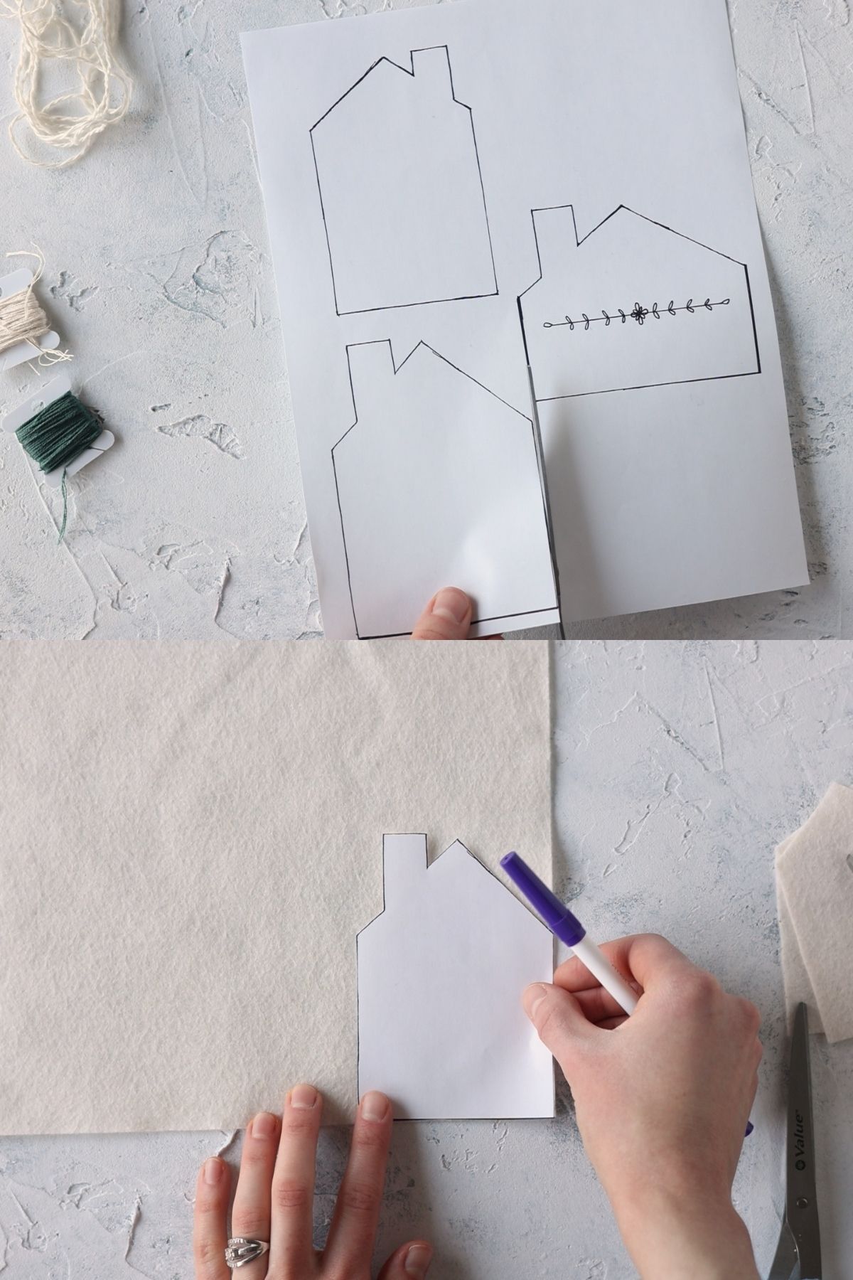 Tracing and cutting a house ornament template.