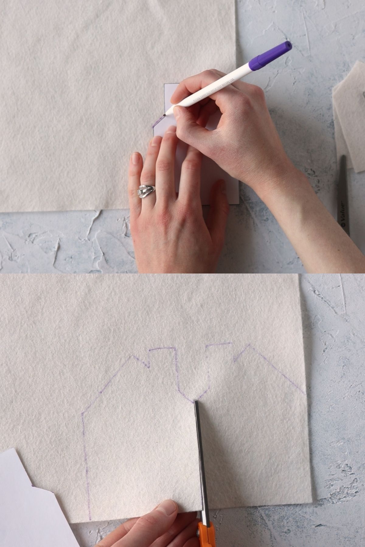 Tracing and cutting felt in a house shape for a Christmas ornament.