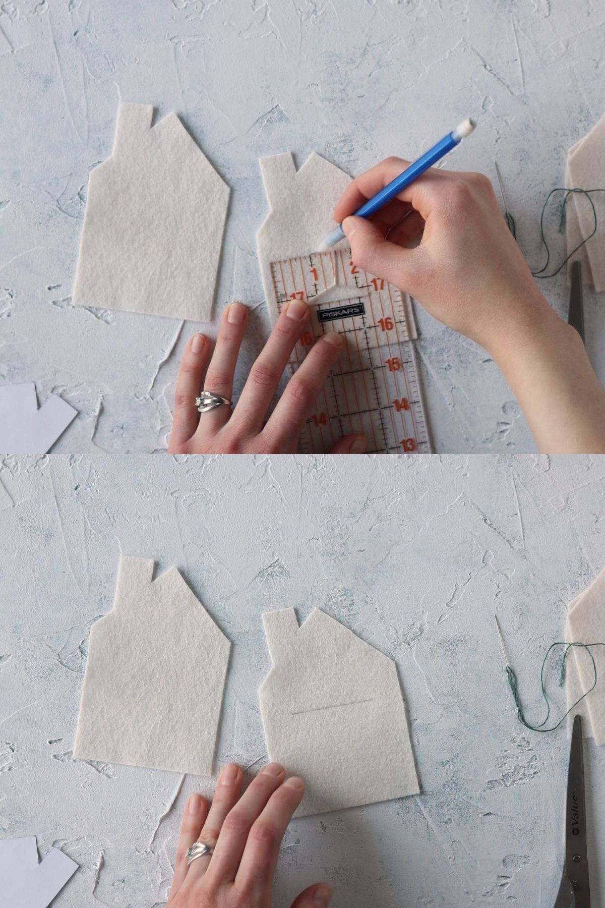 Measuring and drawing a line onto a felt house ornament cutout.