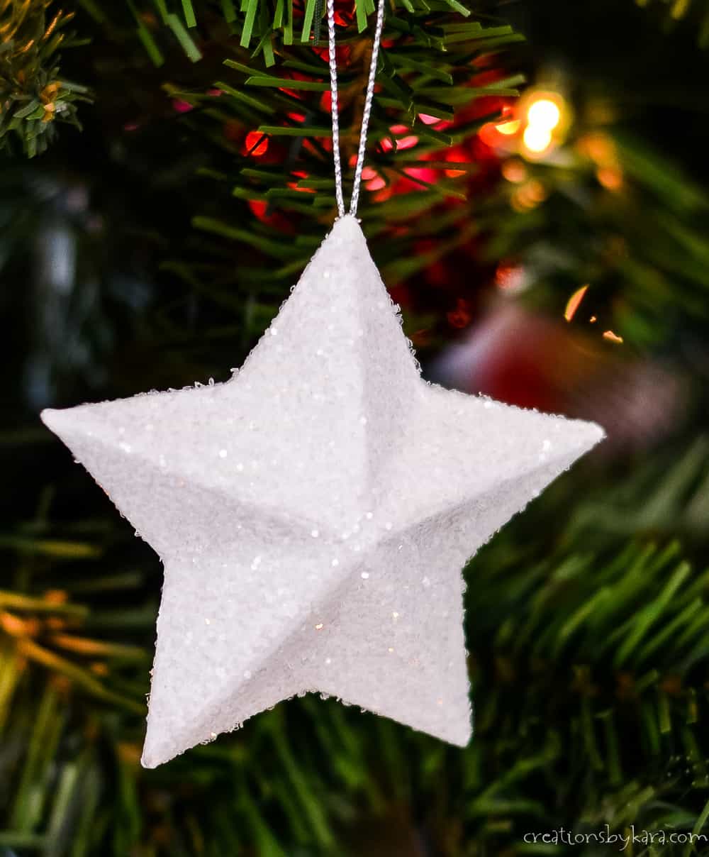 A glittery star ornament.