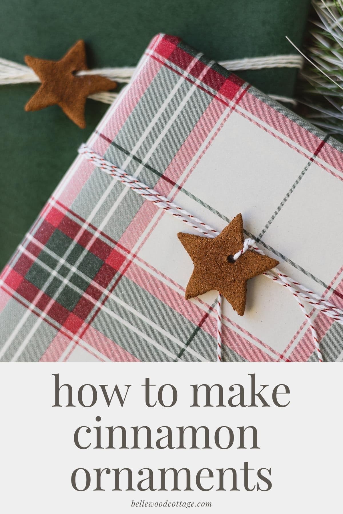 A cinnamon-applesauce star ornament tied onto a package with the words, "how to make cinnamon ornaments."