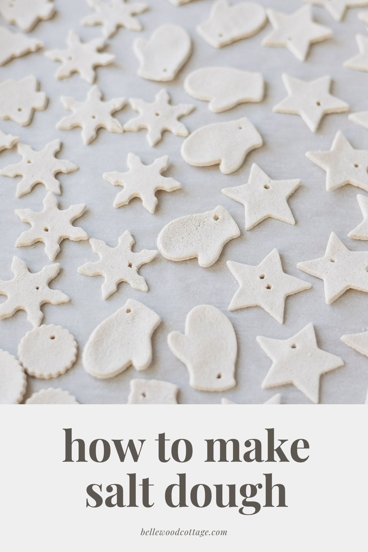 A tray of white salt dough cutouts with the words, "how to make salt dough".