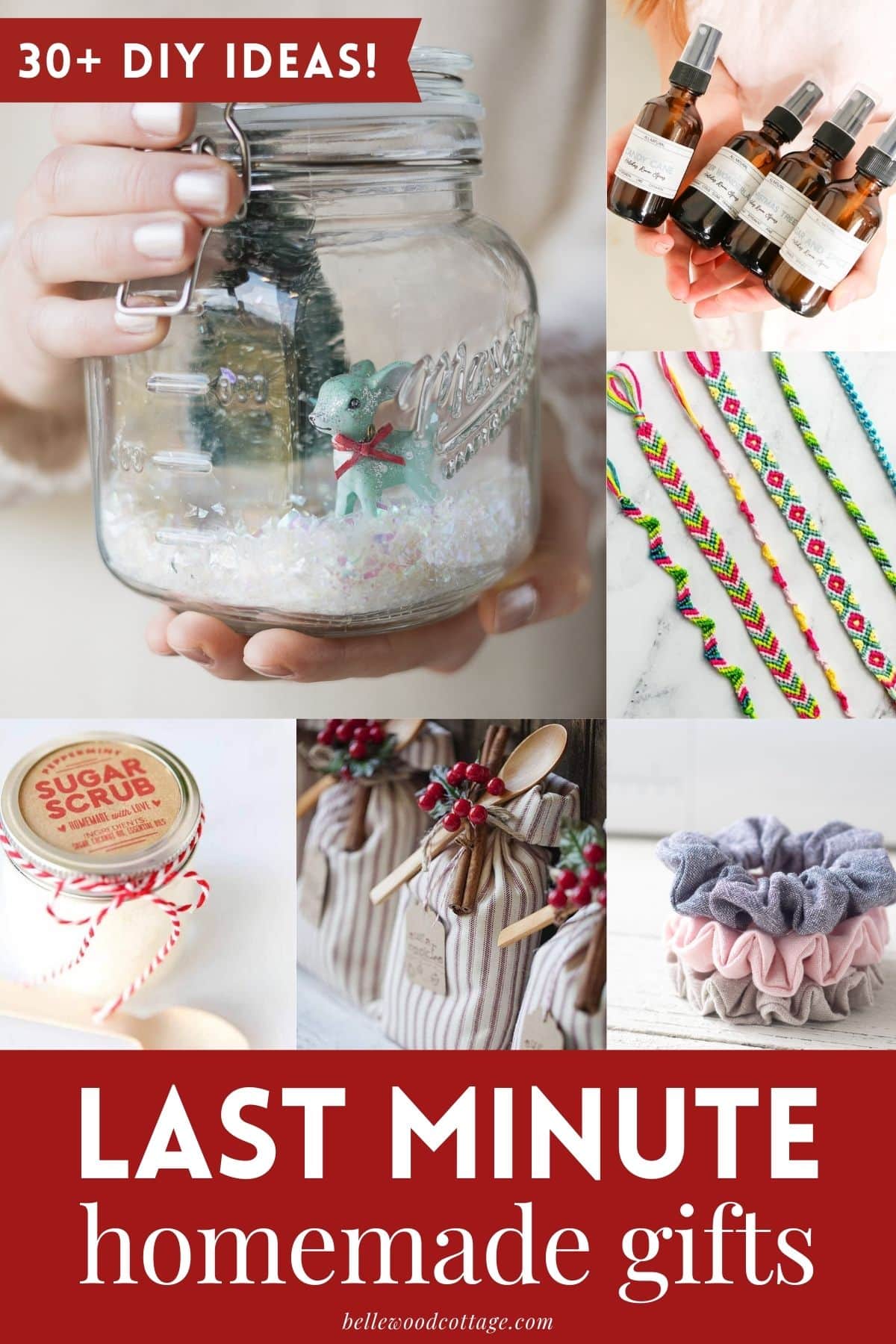 A collage of homemade gifts with the words, "30+ DIY Ideas, Last-Minute Homemade Gifts".