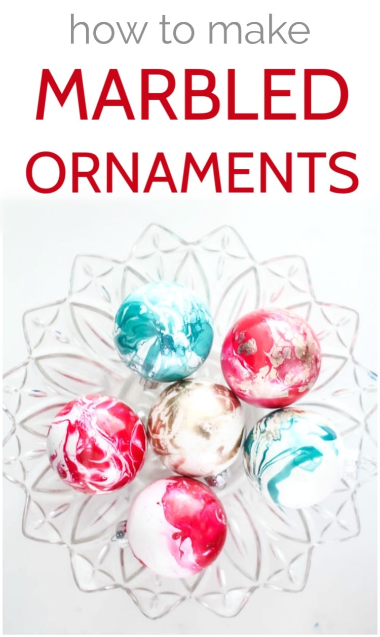 Blue, gold, and red colored ornaments with the words, "How to Make Marbled Ornaments".