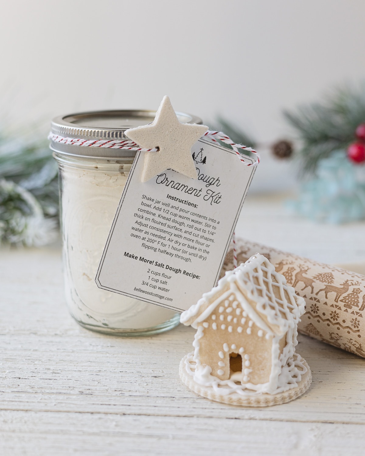 A jar of salt dough mix to gift with a mini salt dough gingerbread house.